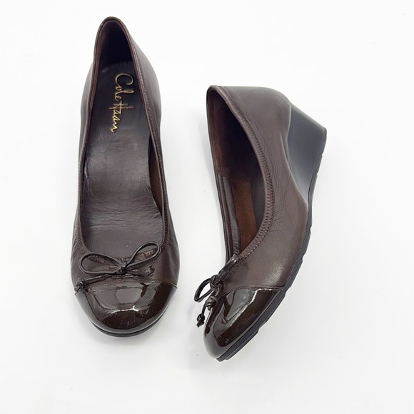 Cole Haan Air Talia Mid Wedge dark chocolate brown size 7 Patent Leather - Picture 1 of 11